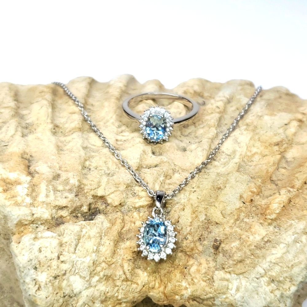 Espirito Santo Aquamarine Zircon Ring Necklace Set Platinum Sterling Sil…